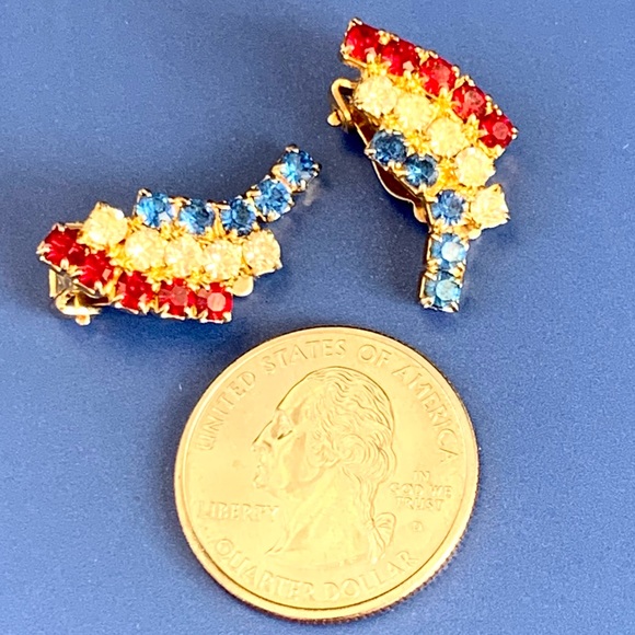VTG Kramer New York Red/White/Blue Rhinestone Gold Tone Clip Earrings - Picture 7 of 9